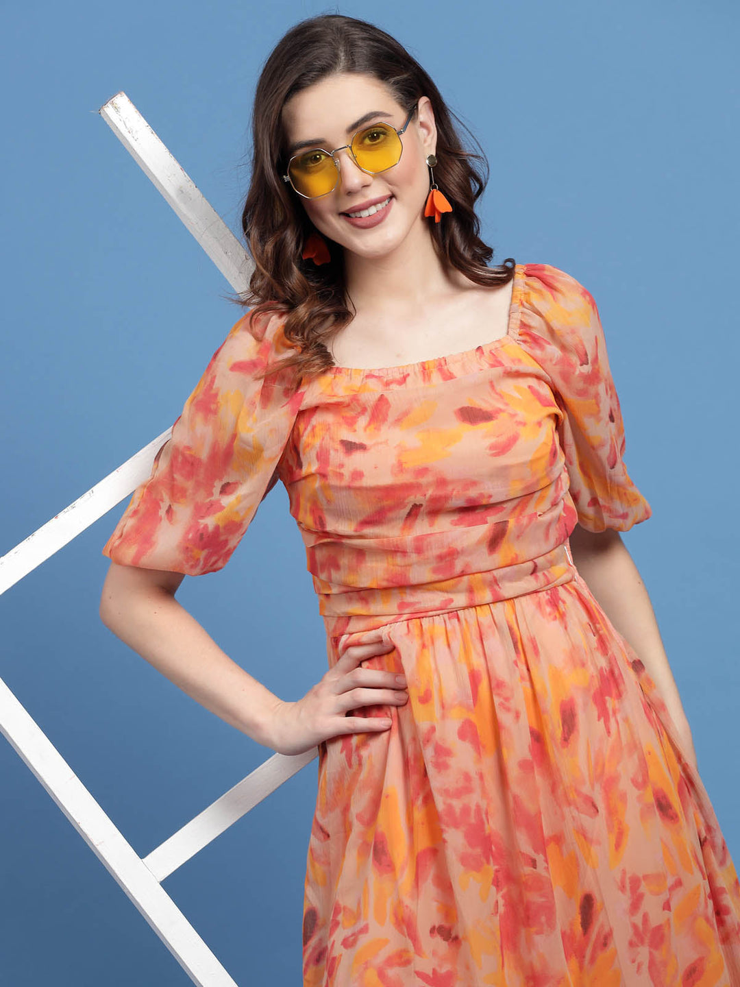 Orange Floral Printed Square Neck Gathered A-Line Midi Dress