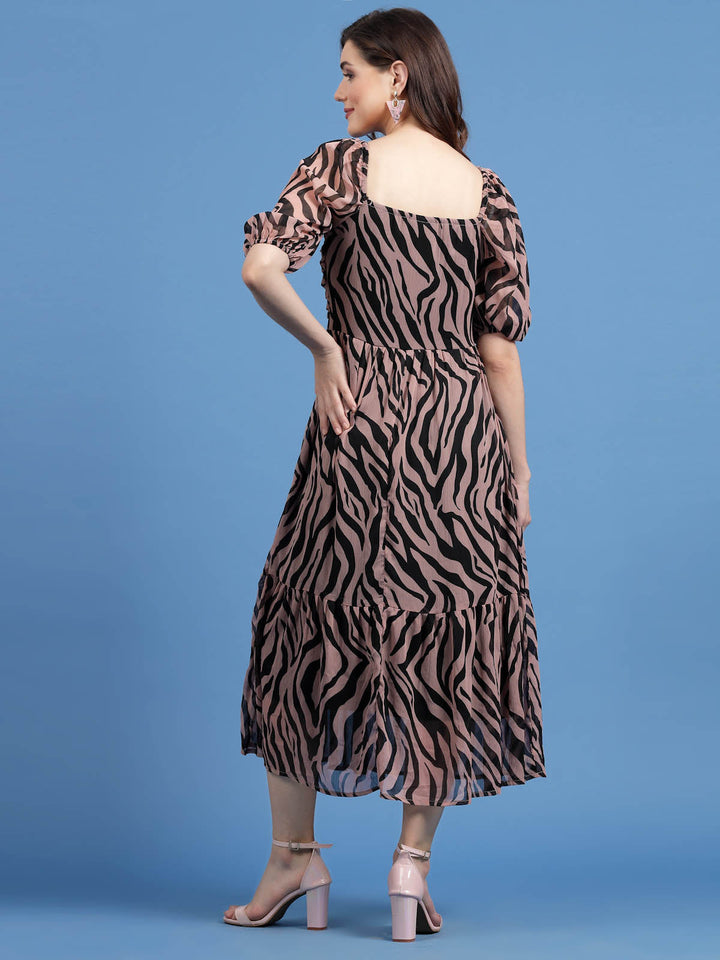 Pink Animal Printed Puff Sleeves A-Line Midi Dress