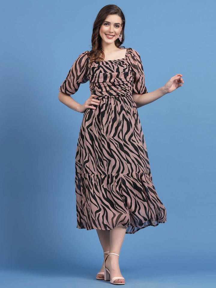 Pink Animal Printed Puff Sleeves A-Line Midi Dress