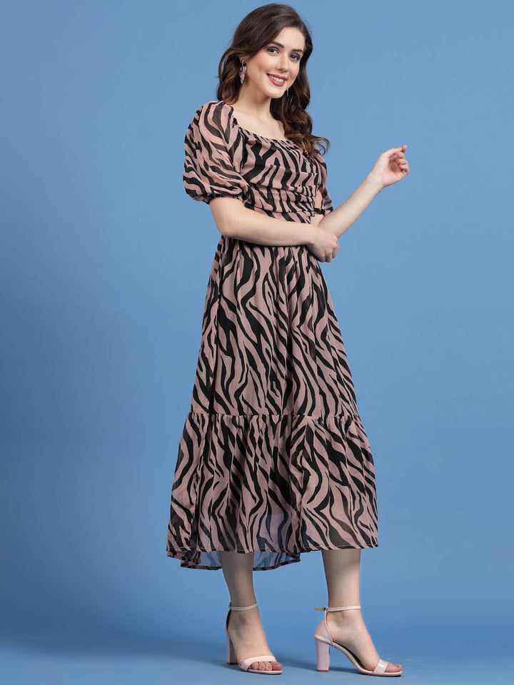 Pink Animal Printed Puff Sleeves A-Line Midi Dress