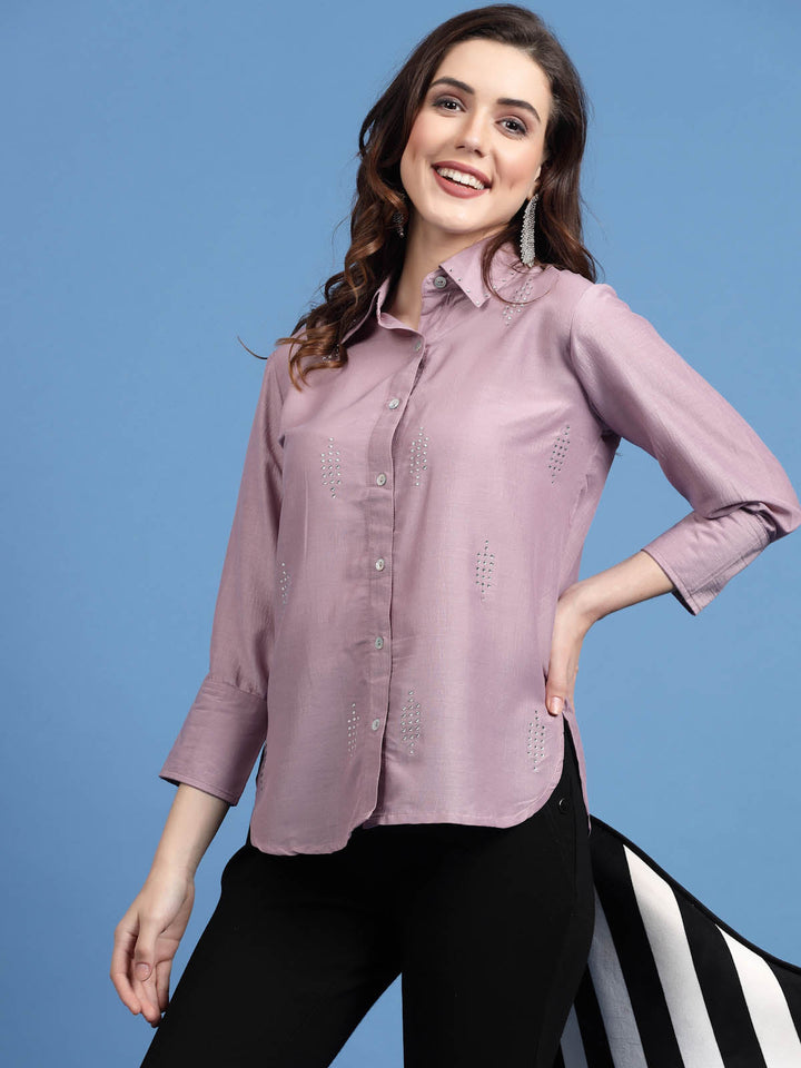 Charcoal Embellished Spread Collar Casual Shirt