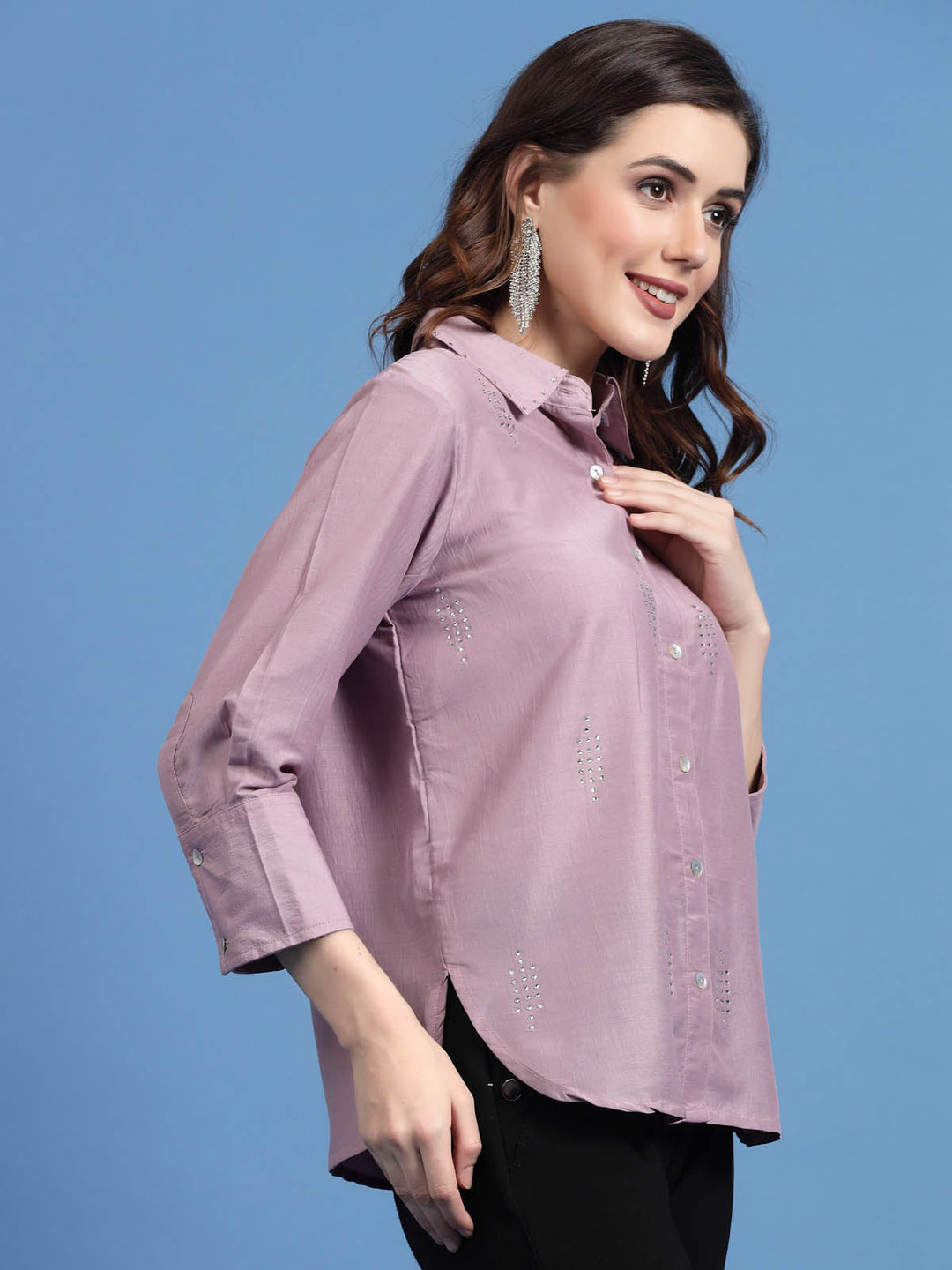 Charcoal Embellished Spread Collar Casual Shirt