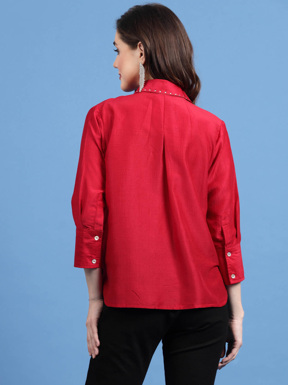 Red Embellished Spread Collar Casual Shirt