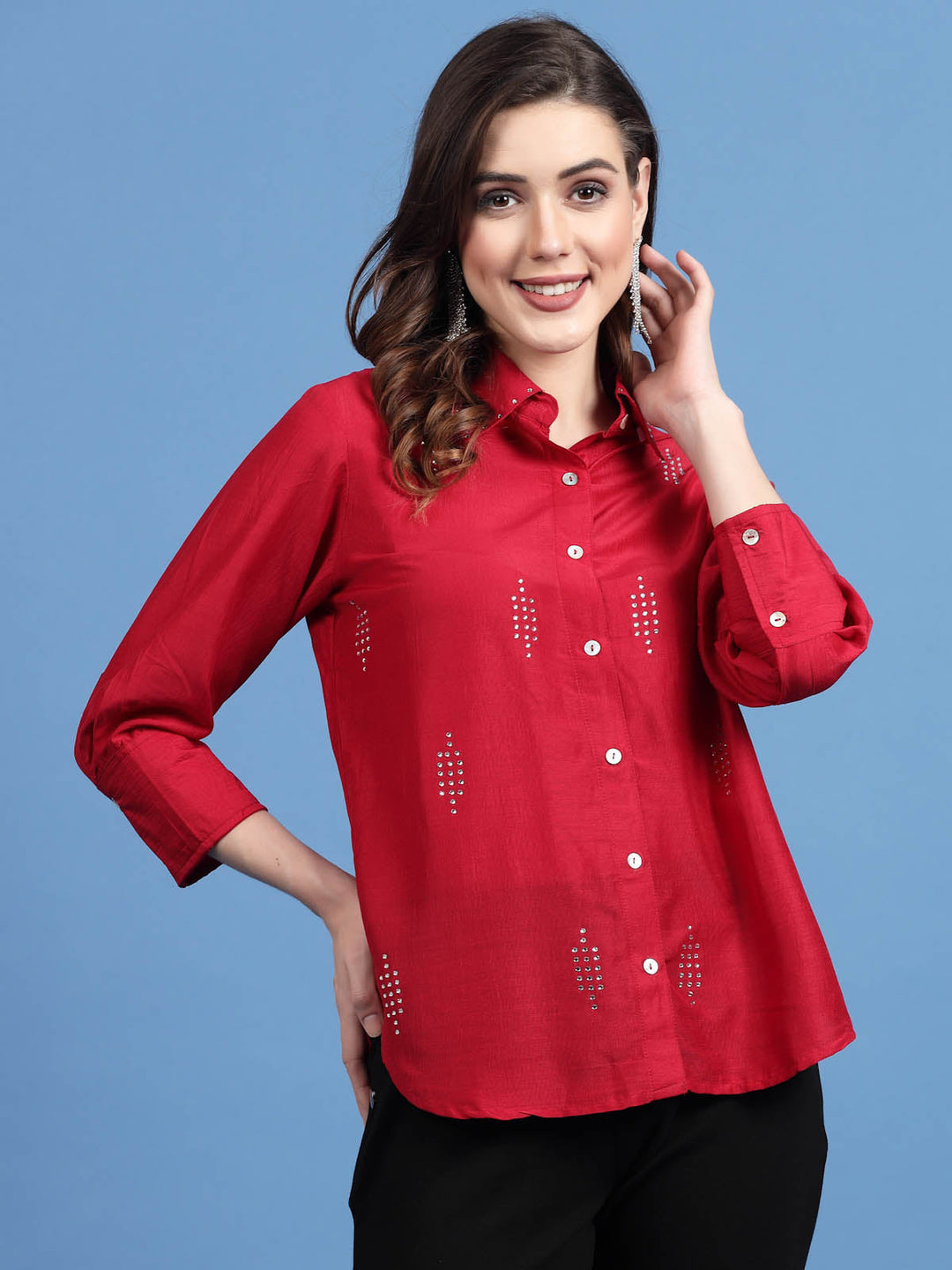 Red Embellished Spread Collar Casual Shirt