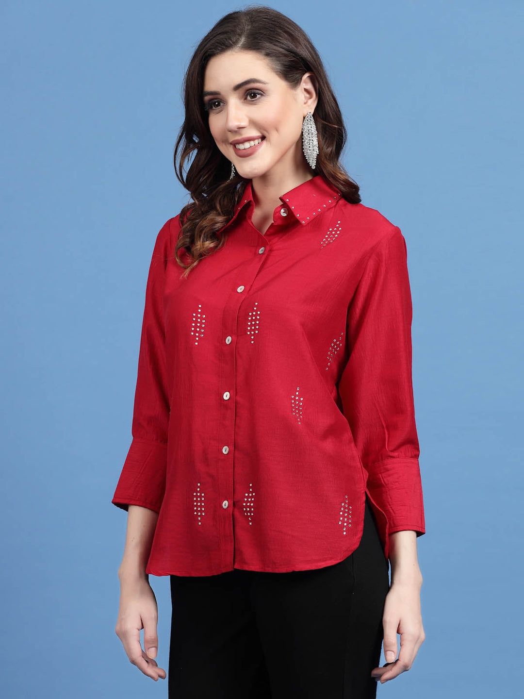 Red Embellished Spread Collar Casual Shirt