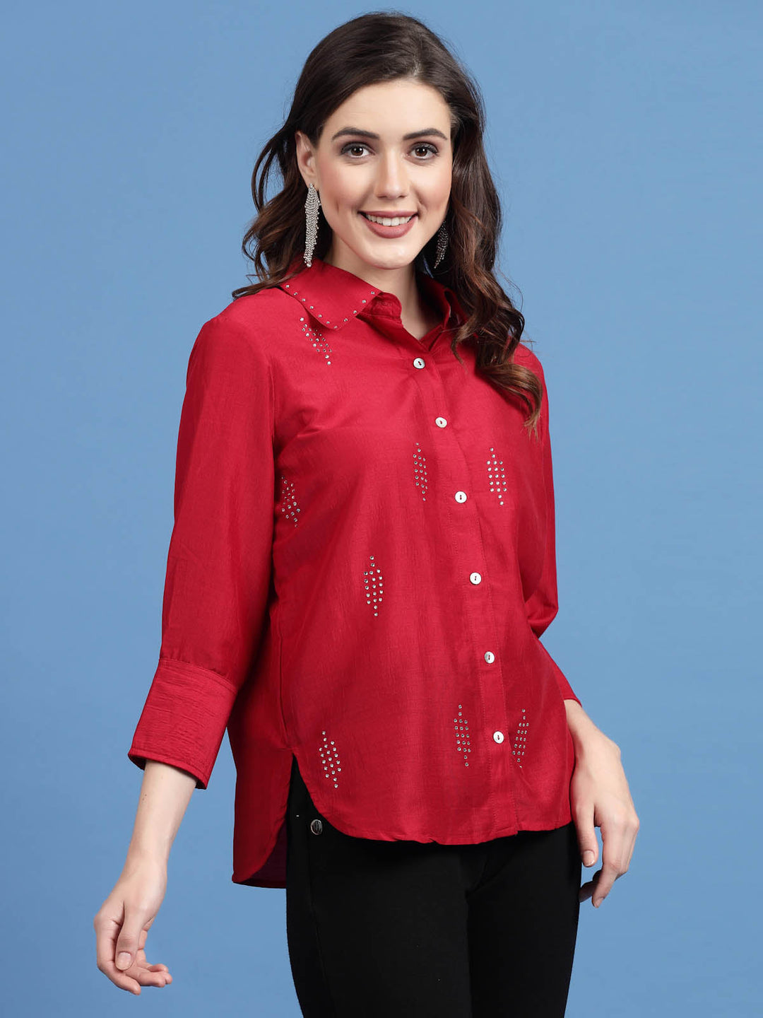 Red Embellished Spread Collar Casual Shirt