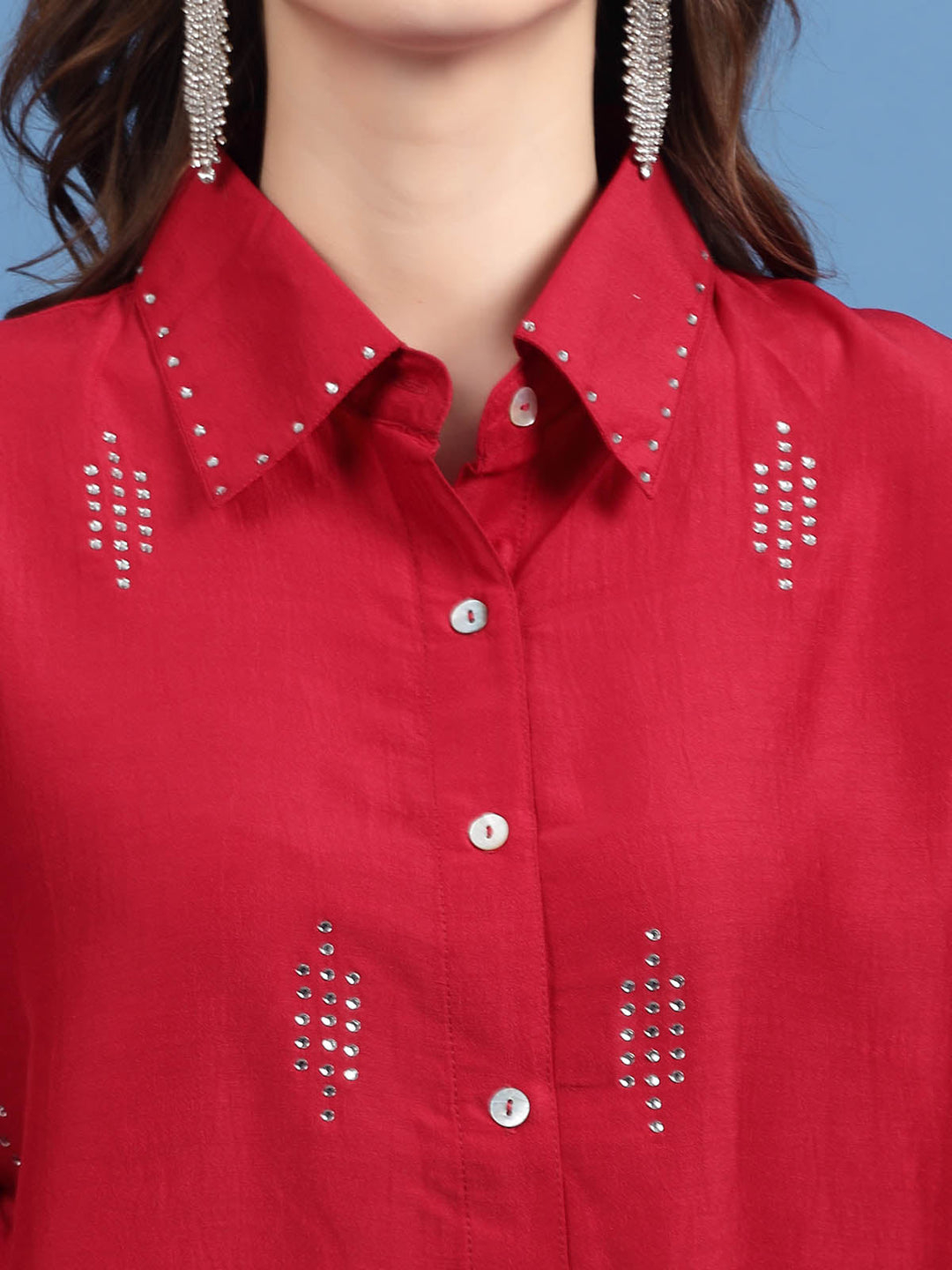 Red Embellished Spread Collar Casual Shirt