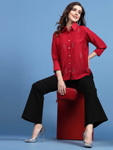 Red Embellished Spread Collar Casual Shirt