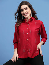 Red Embellished Spread Collar Casual Shirt