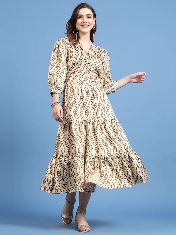 Geometric Printed V-Neck Puff Sleeve Fit & Flare Dress