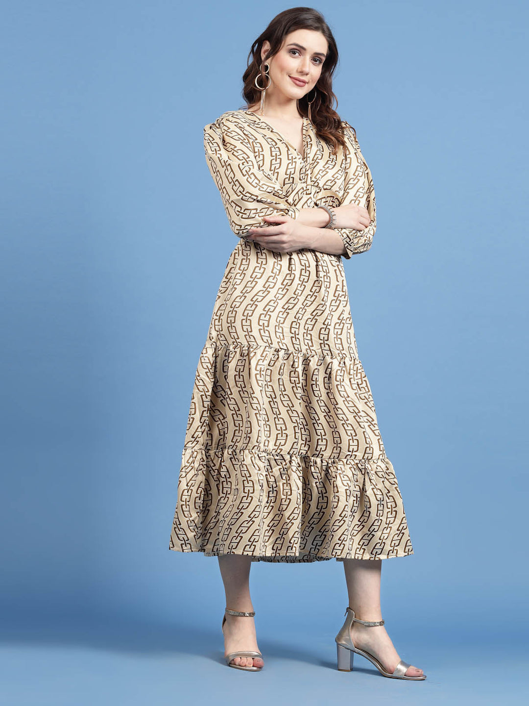 Geometric Printed V-Neck Puff Sleeve Fit & Flare Dress