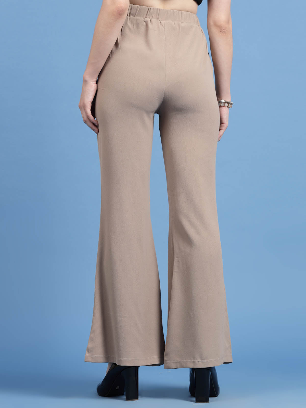 Women Beige Mid Rise Plain Bootcut Trousers