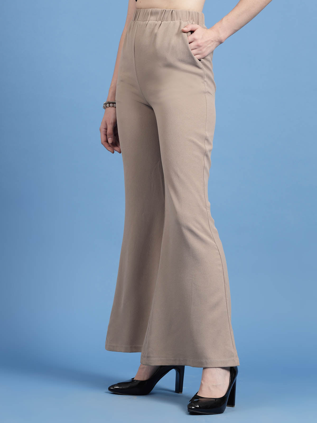 Women Beige Mid Rise Plain Bootcut Trousers