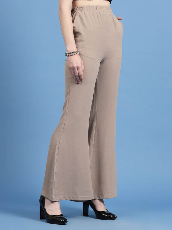 Women Beige Mid Rise Plain Bootcut Trousers