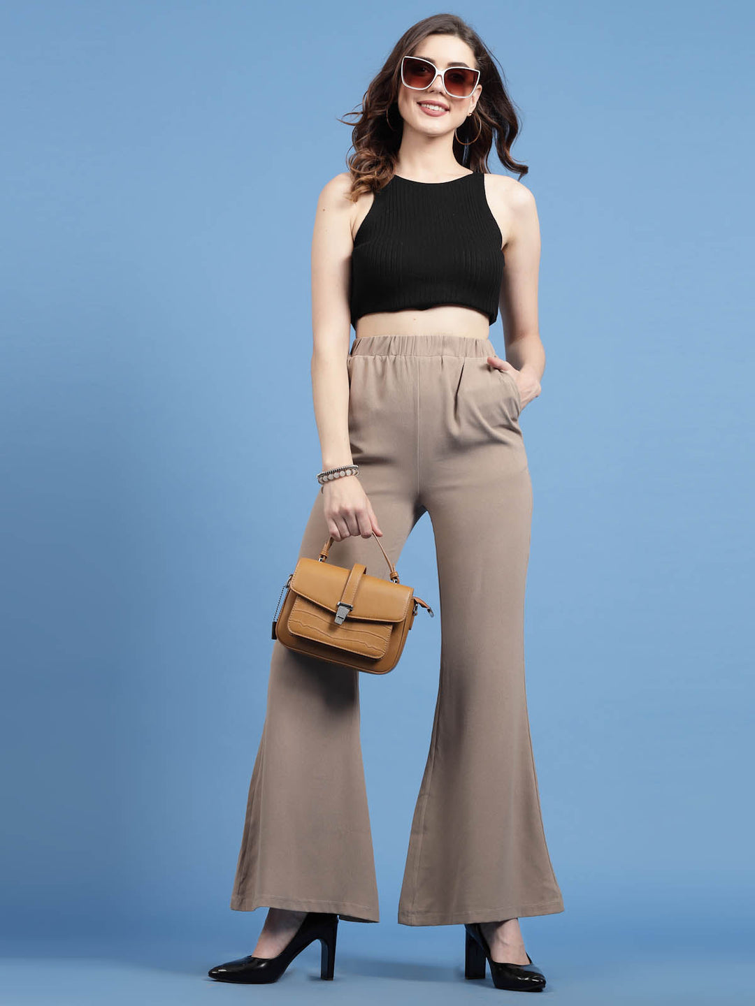 Women Beige Mid Rise Plain Bootcut Trousers