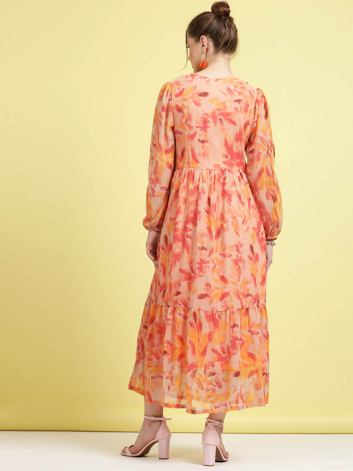 Orange Floral Printed Puff Sleeves Gathered A-Line Midi Dress