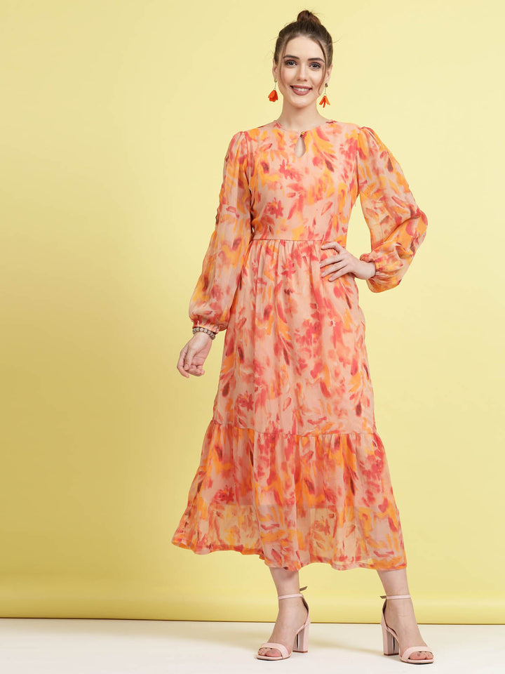 Orange Floral Printed Puff Sleeves Gathered A-Line Midi Dress