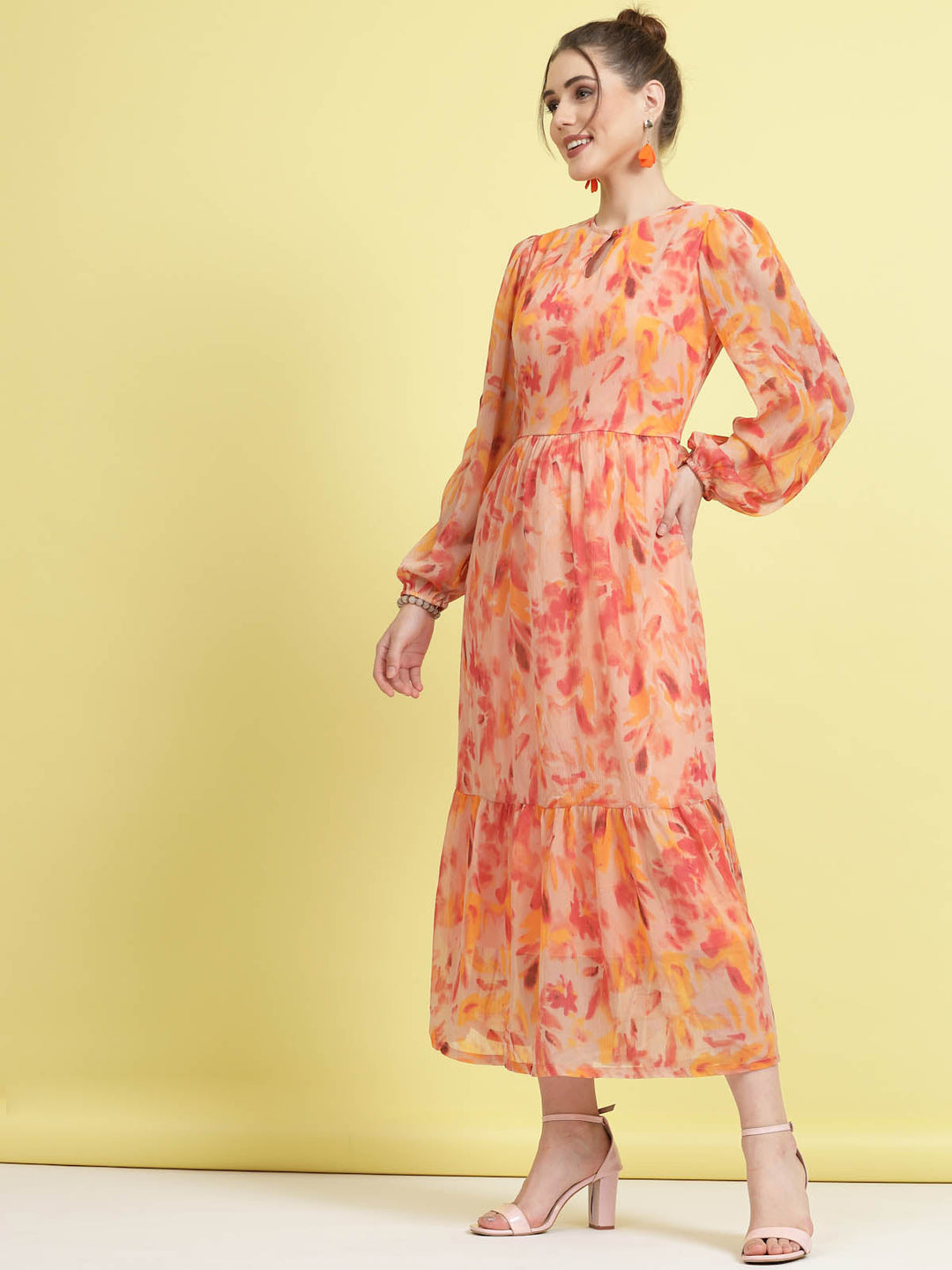 Orange Floral Printed Puff Sleeves Gathered A-Line Midi Dress