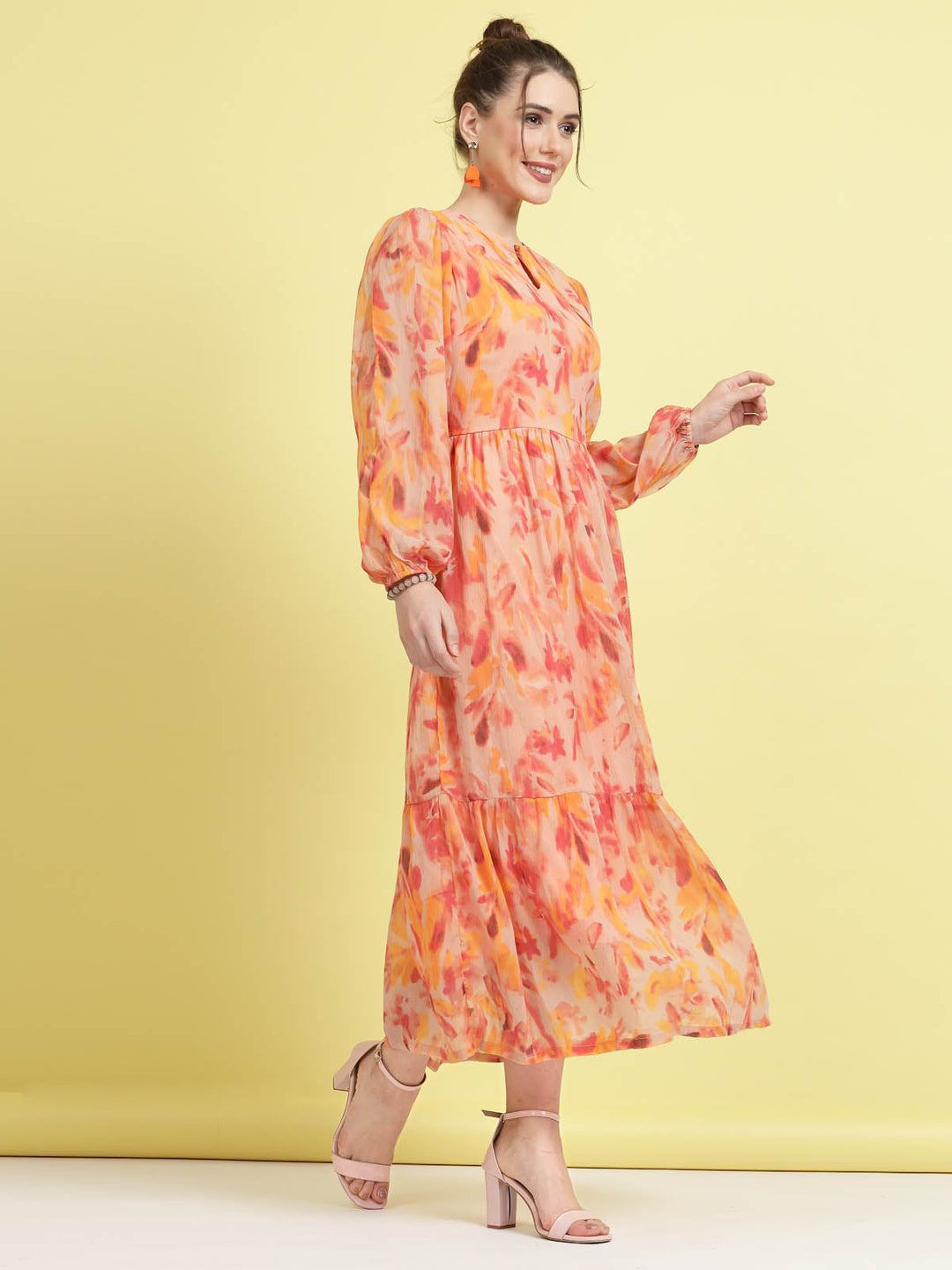 Orange Floral Printed Puff Sleeves Gathered A-Line Midi Dress