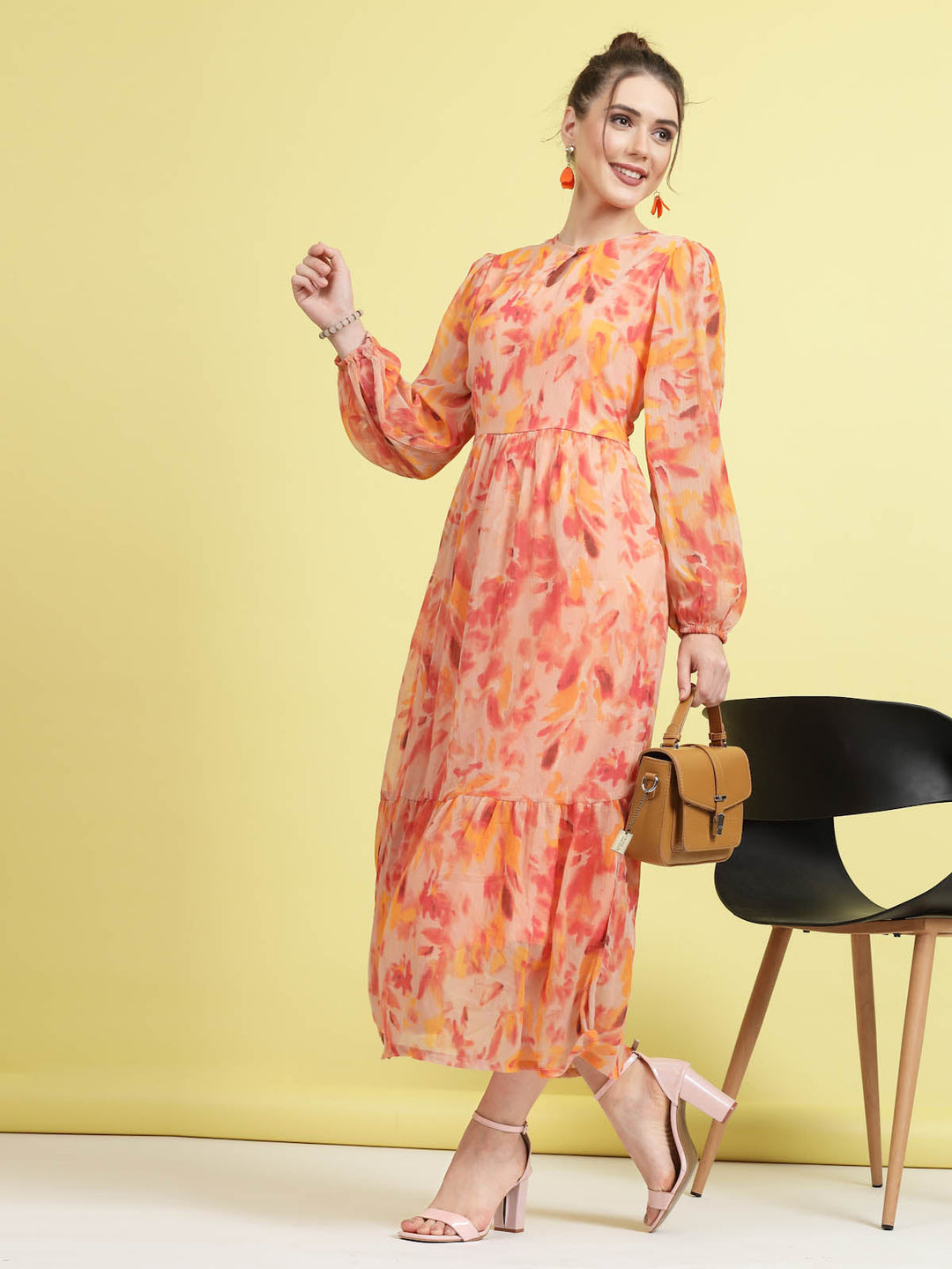 Orange Floral Printed Puff Sleeves Gathered A-Line Midi Dress