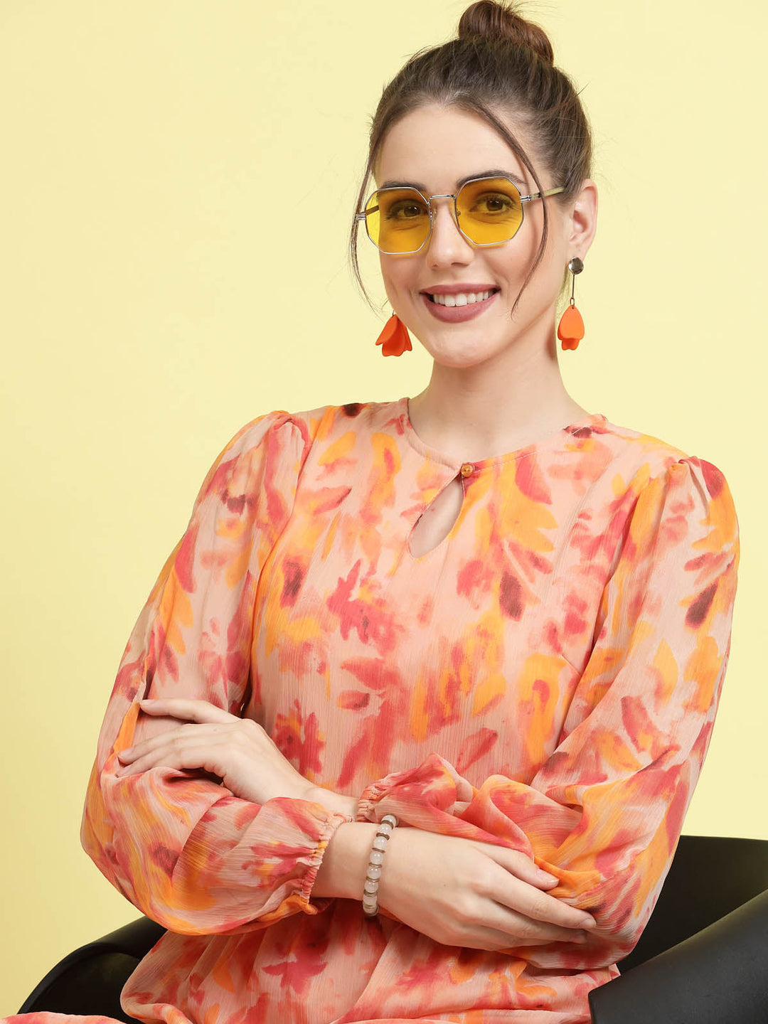 Orange Floral Printed Puff Sleeves Gathered A-Line Midi Dress