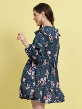 Teal Floral Printed Mandarin Collar Gathered Fit & Flare Dress