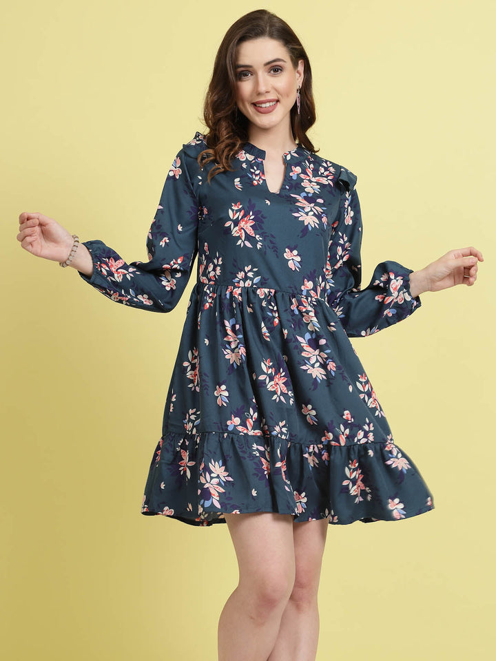 Teal Floral Printed Mandarin Collar Gathered Fit & Flare Dress