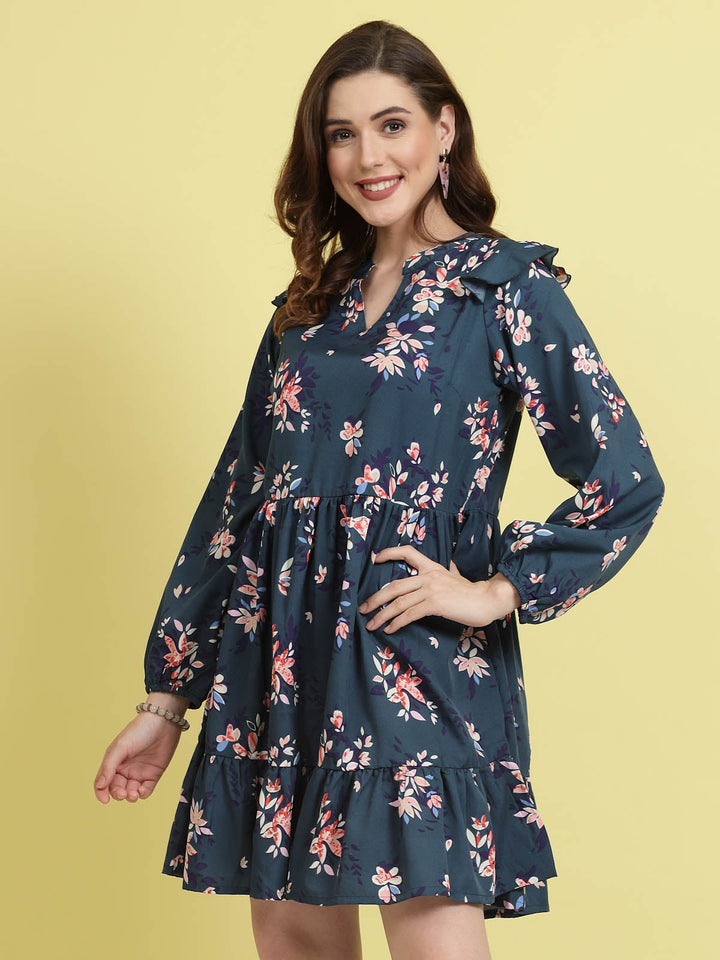 Teal Floral Printed Mandarin Collar Gathered Fit & Flare Dress