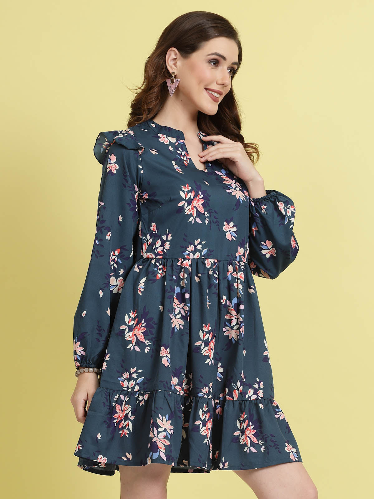 Teal Floral Printed Mandarin Collar Gathered Fit & Flare Dress