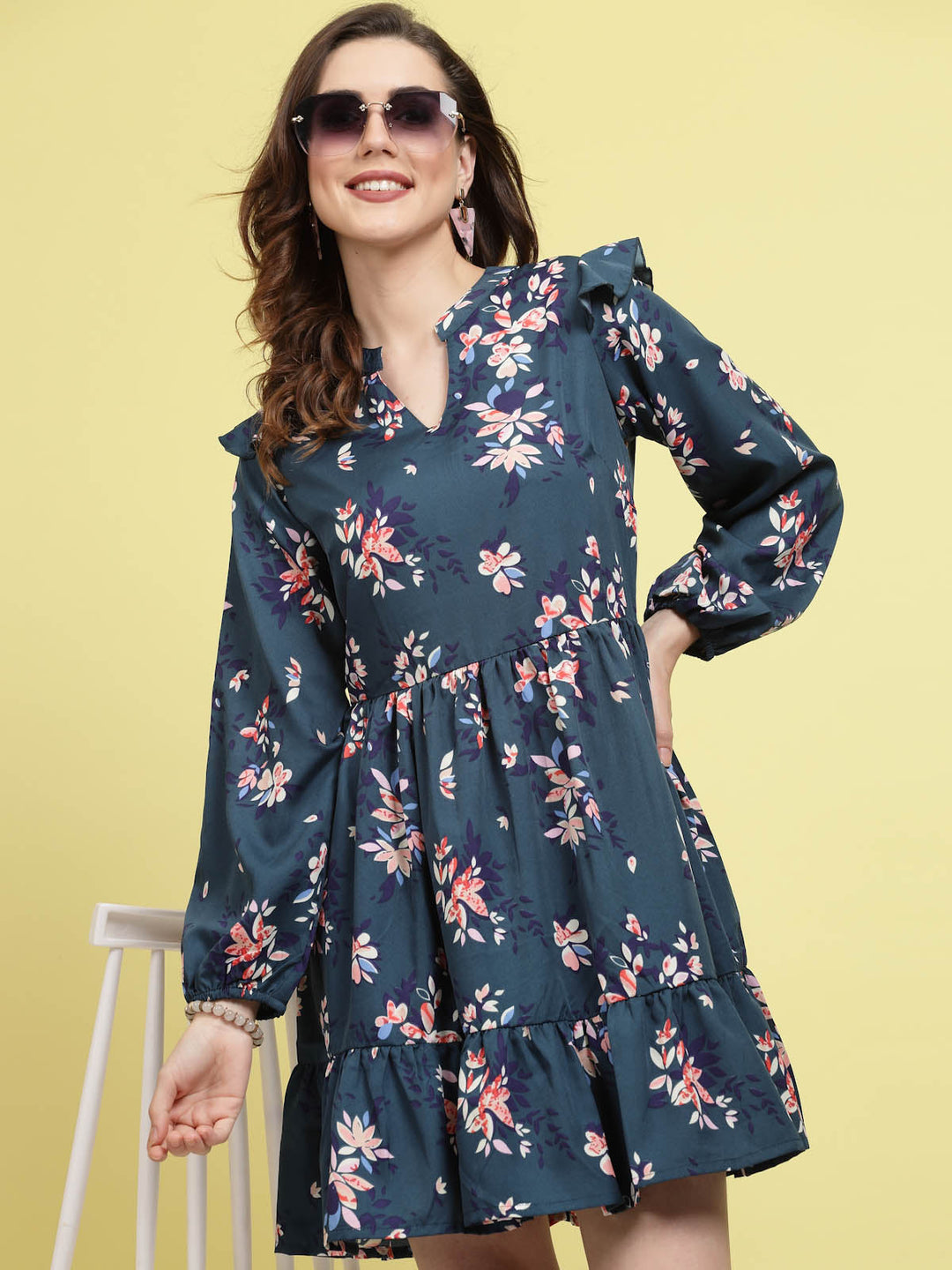 Teal Floral Printed Mandarin Collar Gathered Fit & Flare Dress