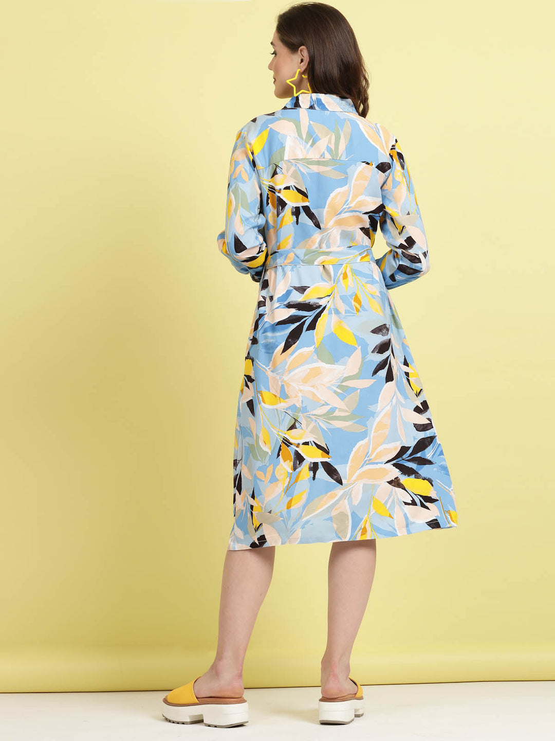 Tropical Printed Shirt Collar Cuffed Sleeves Shirt Dress