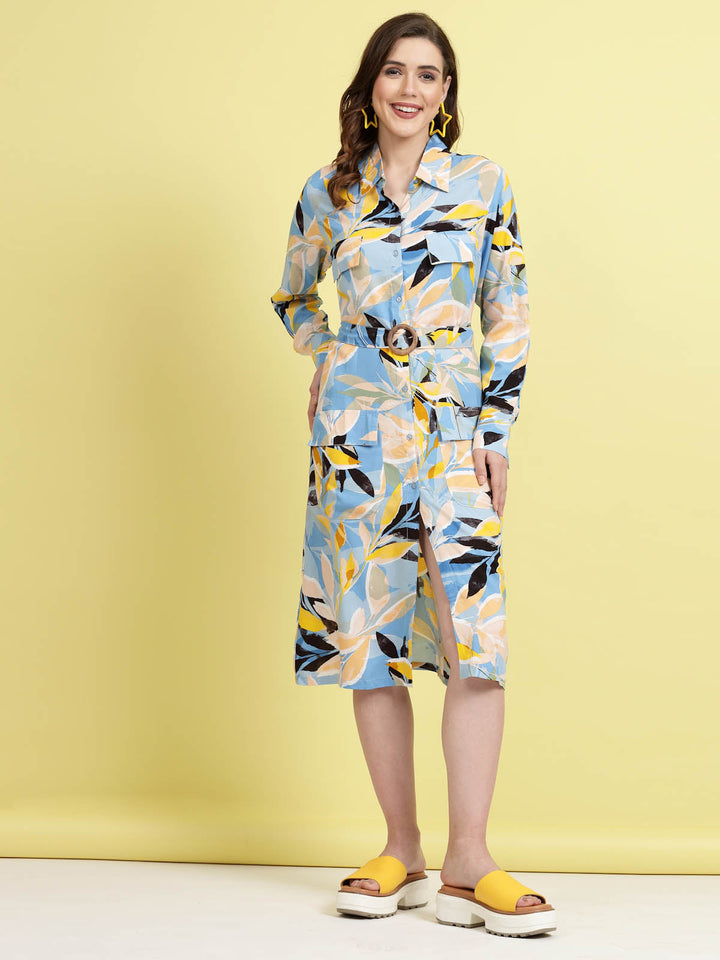 Tropical Printed Shirt Collar Cuffed Sleeves Shirt Dress