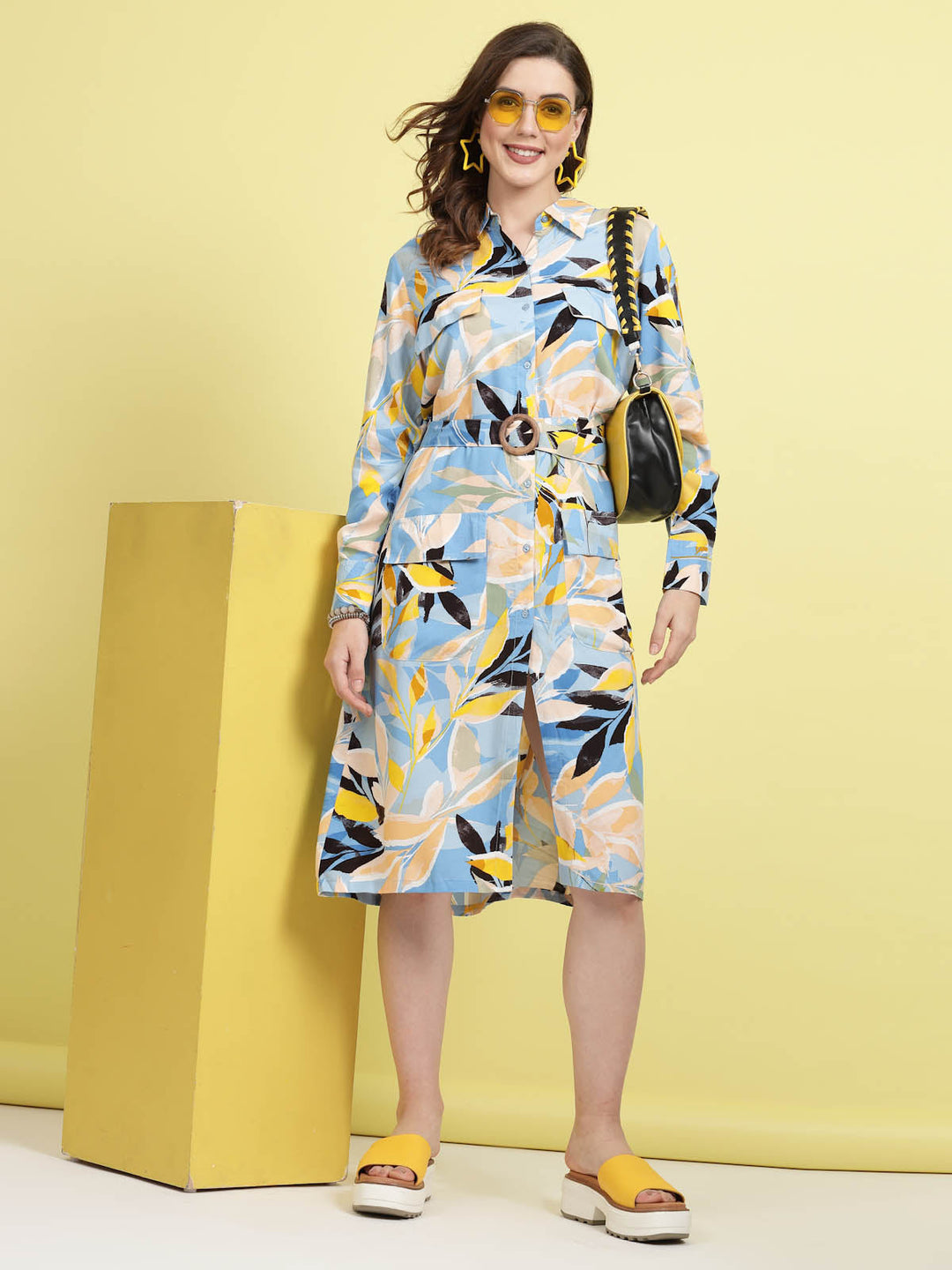 Tropical Printed Shirt Collar Cuffed Sleeves Shirt Dress