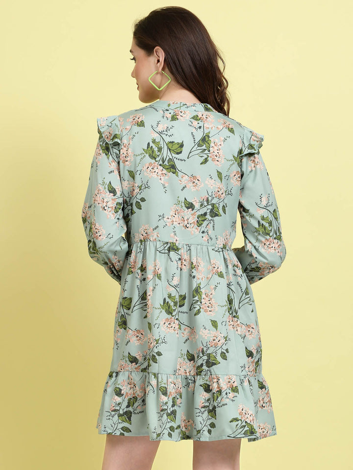 Floral Printed Mandarin Collar Puff Sleeves Ruffles Detail Fit & Flare Dress