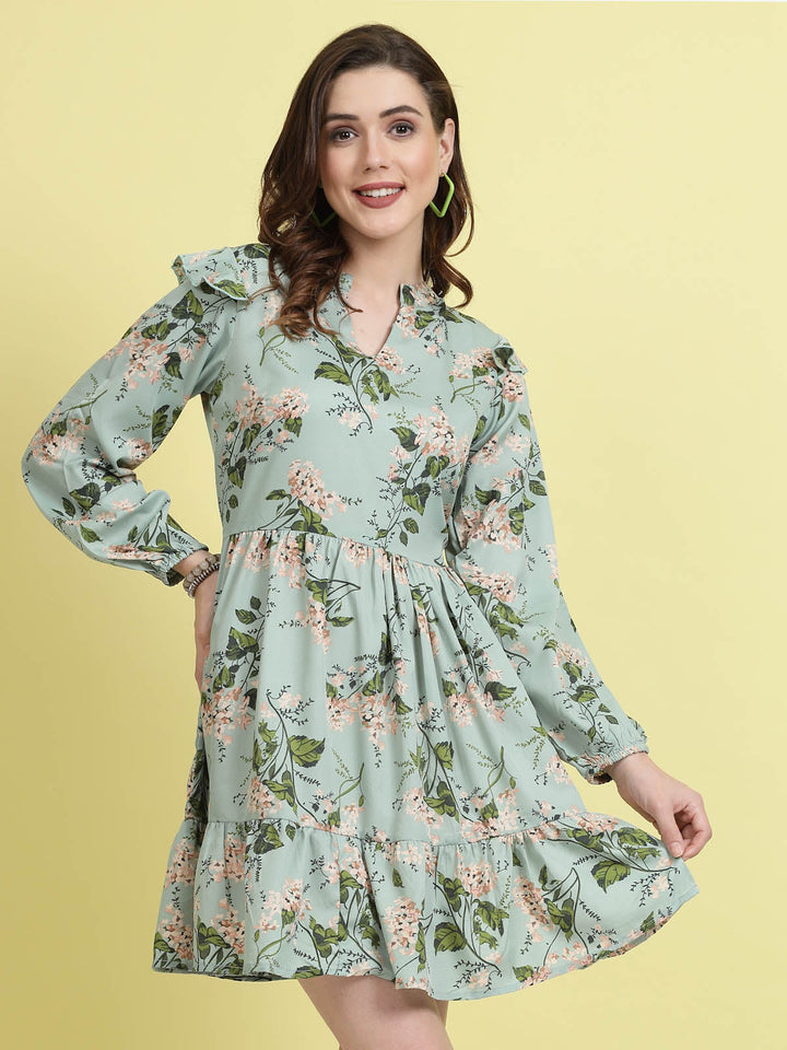 Floral Printed Mandarin Collar Puff Sleeves Ruffles Detail Fit & Flare Dress