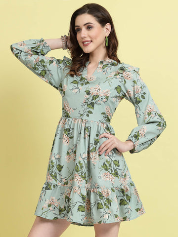 Floral Printed Mandarin Collar Puff Sleeves Ruffles Detail Fit & Flare Dress