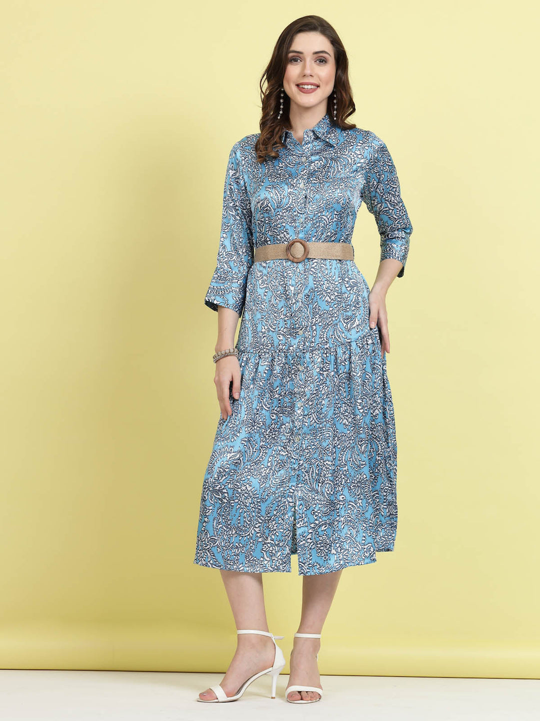 Blue Floral Printed Shirt Collar Belted A-Line Midi Dress