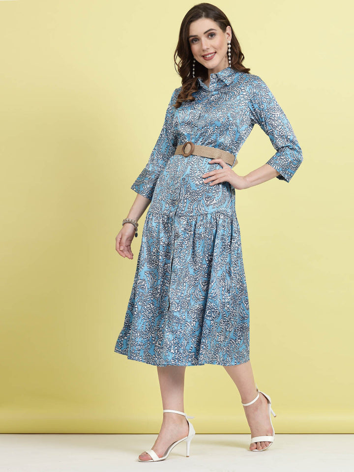 Blue Floral Printed Shirt Collar Belted A-Line Midi Dress