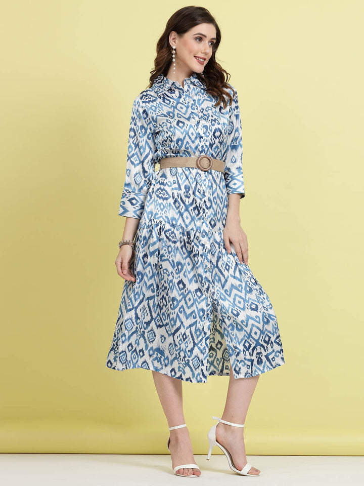 Blue Ethnic Motifs Printed Shirt Midi Dress