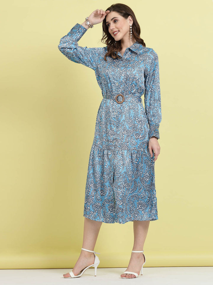 Floral Printed Shirt Collar Cuffed Sleeves Shirt Dress