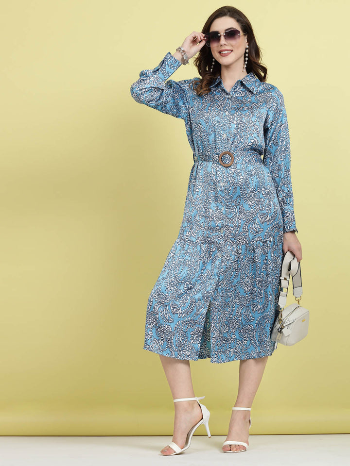 Floral Printed Shirt Collar Cuffed Sleeves Shirt Dress