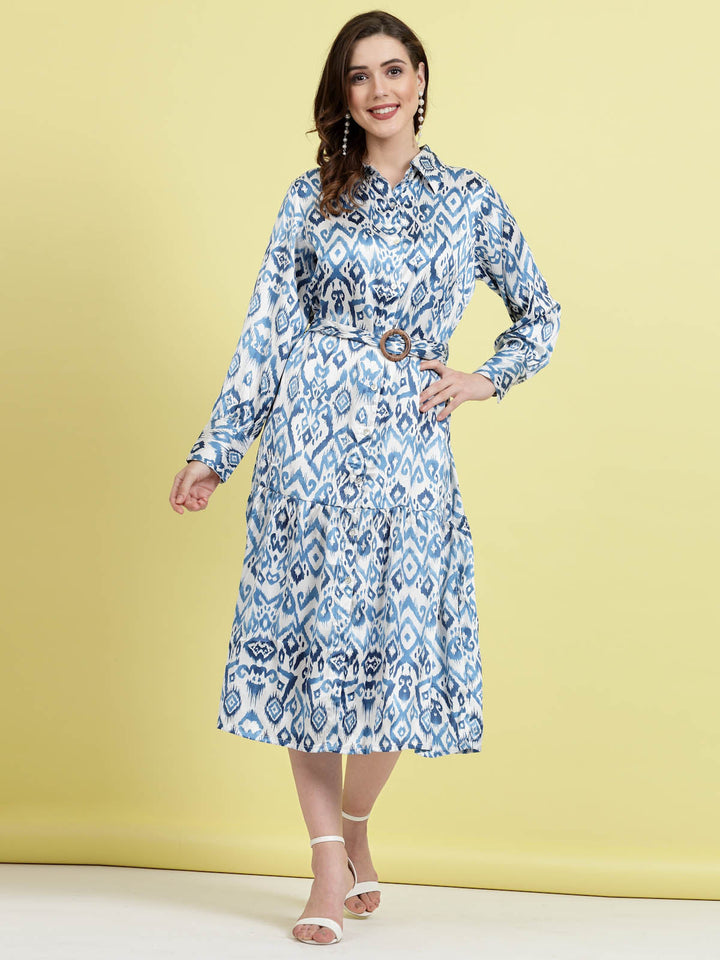 Ethnic Motifs Printed Shirt Collar Cuffed Sleeves Shirt Dress