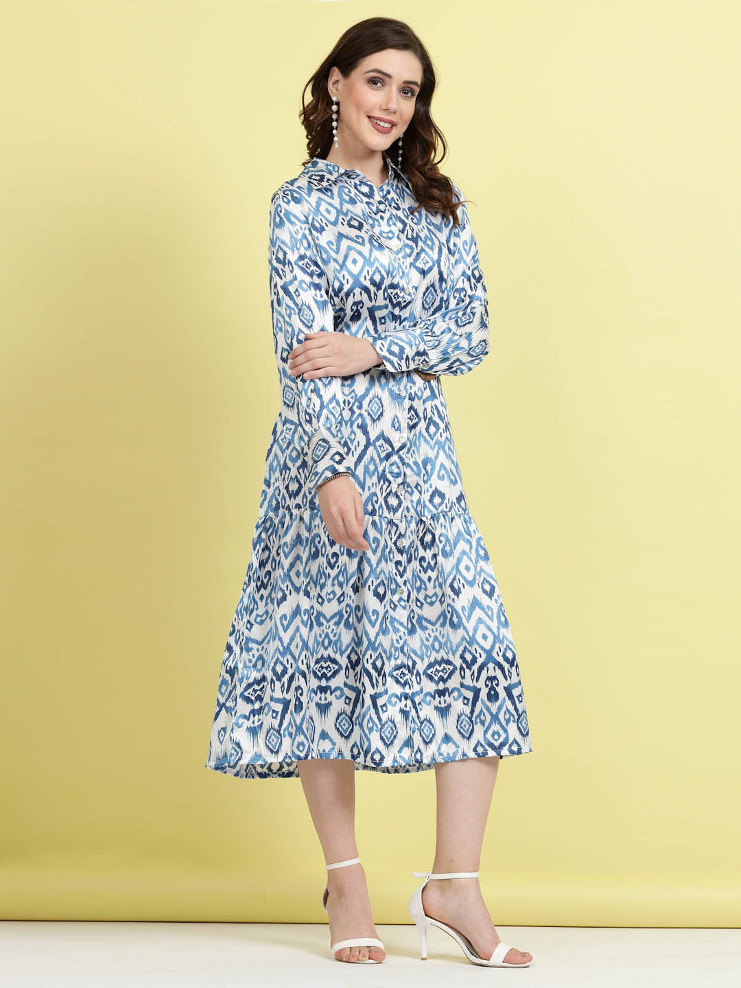 Ethnic Motifs Printed Shirt Collar Cuffed Sleeves Shirt Dress