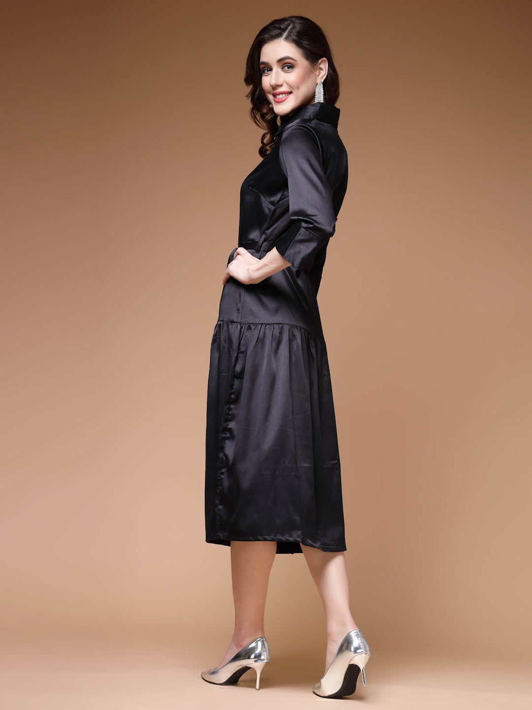 Black Shirt Collar Belted Drop-Waist Midi Dress