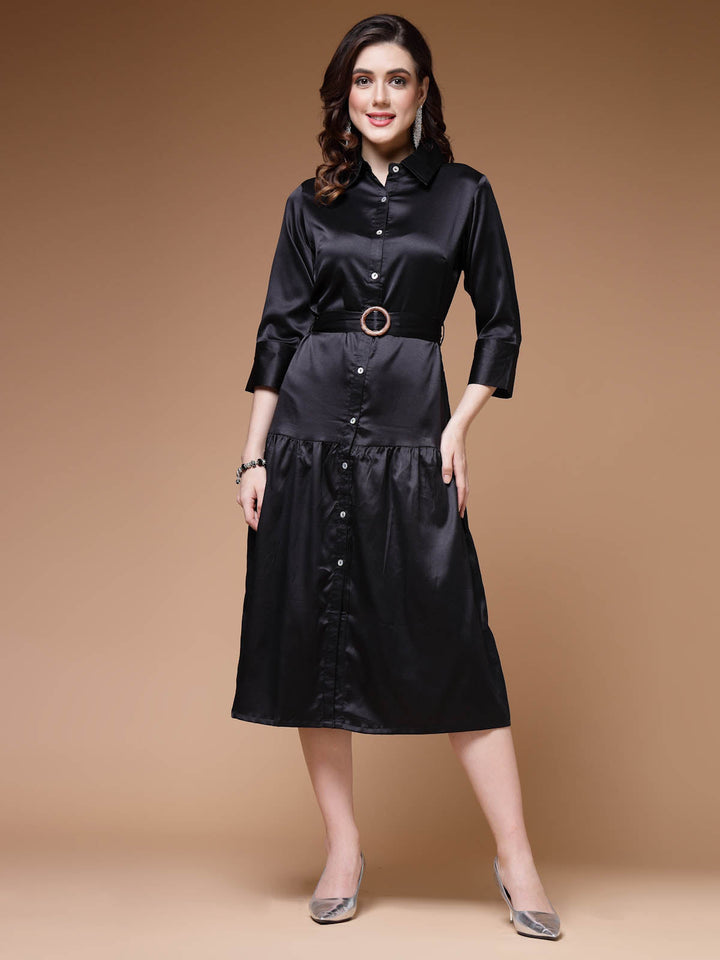 Black Shirt Collar Belted Drop-Waist Midi Dress