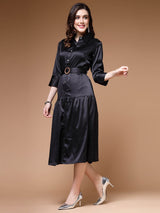 Black Shirt Collar Belted Drop-Waist Midi Dress