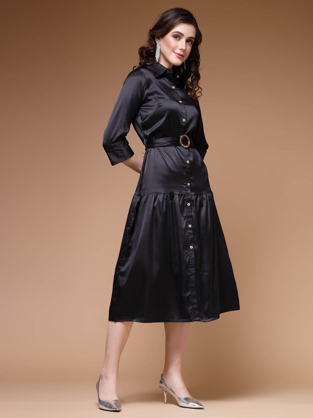 Black Shirt Collar Belted Drop-Waist Midi Dress