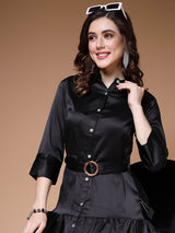 Black Shirt Collar Belted Drop-Waist Midi Dress