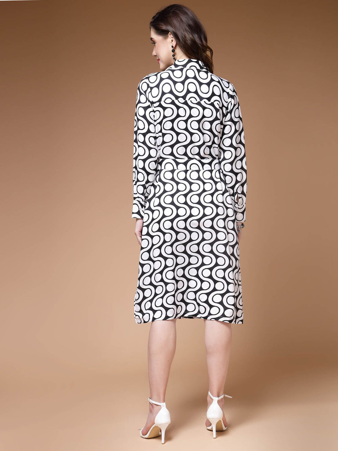 Geometric Printed Shirt Collar Cuffed Sleeves Shirt Dress