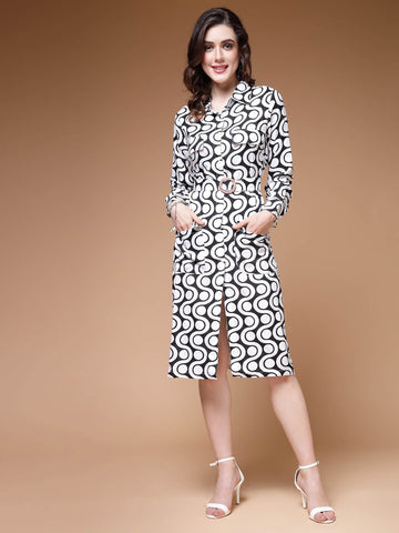 Geometric Printed Shirt Collar Cuffed Sleeves Shirt Dress